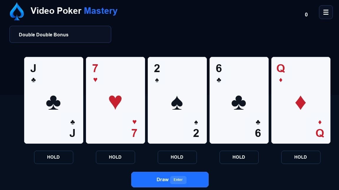 Video Poker Mastery trainer showing a royal flush hand with hold buttons and the draw control